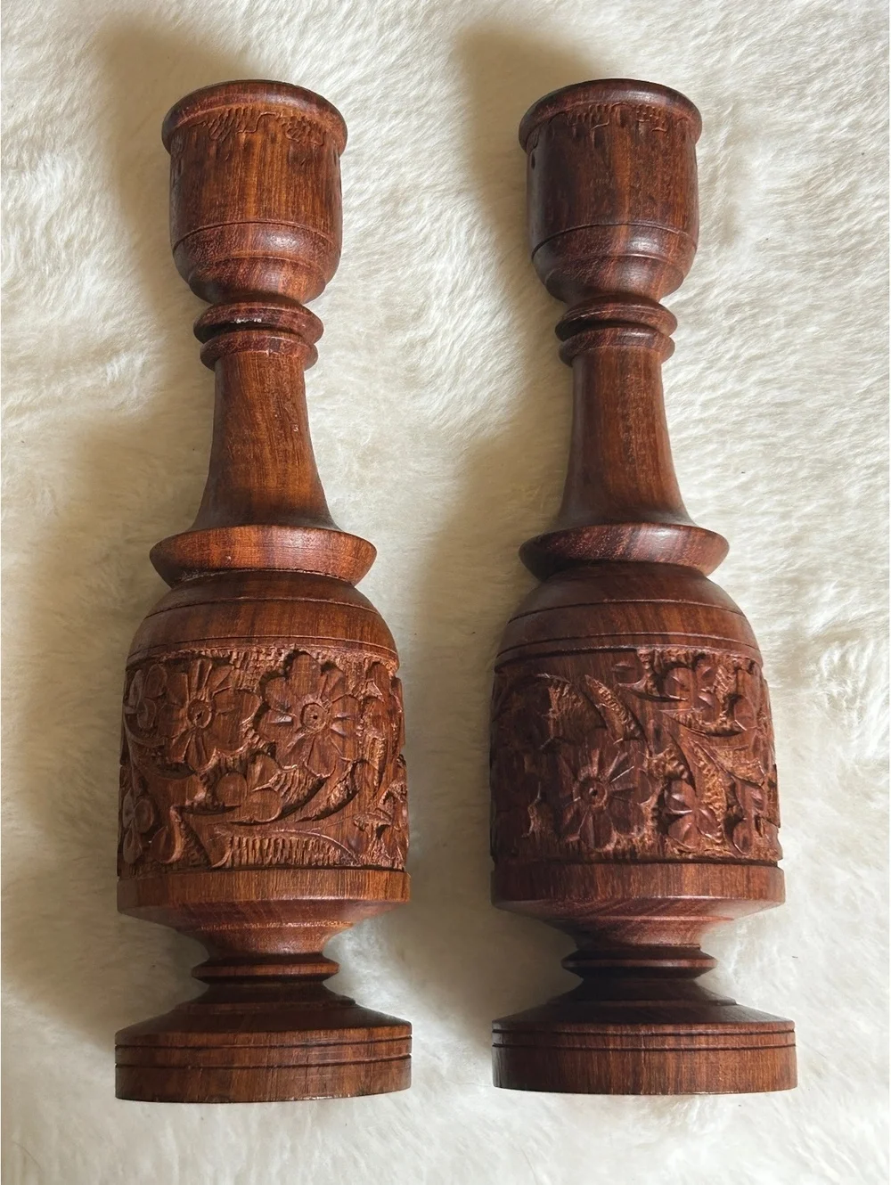 Hand-Carved Wooden Candle Holders Set of 2 from India
